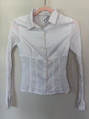 Princess Polly White Textured Button Up Shirt Womens XS Fitted Long Sleeve Blous